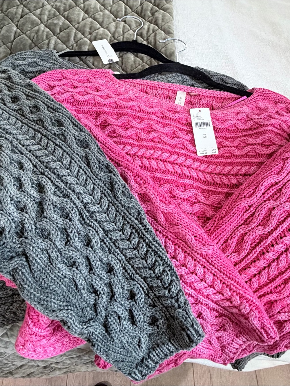 Anthropologie Cable-Knit V-Neck Sweater in Hot Pink and Gray